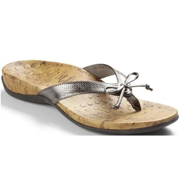 Vionic 'Cassie' Platinum Flip Flop Thong Bow Orthotic Comfort Sandal Silver - Picture 1 of 6